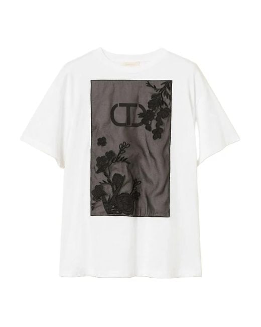 Twinset Black Floral-embroidered Cotton T-shirt