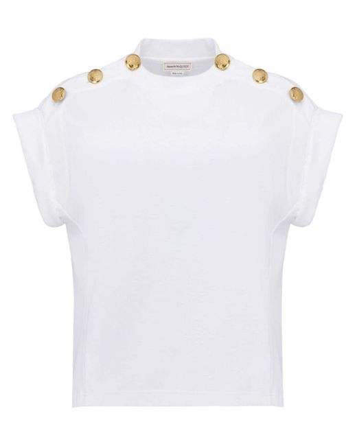 Alexander McQueen White Cotton Button-detail T-shirt