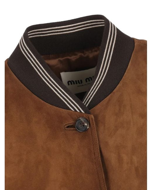 Miu Miu Brown Logo-Patch Suede Bomber Jacket