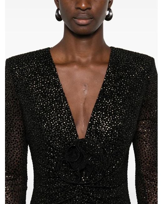 Nissa Black Polka-Dot Tulle Midi Dress