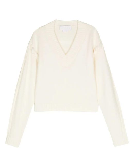 Genny White Tubular-Stitching Wool Sweater