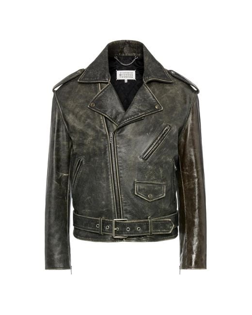 Maison Margiela Black Distressed Leather Biker Jacket for men