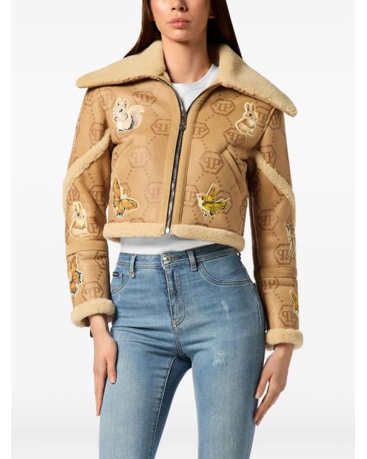 Philipp Plein Natural Monogram Embroidered Shearling Jacket