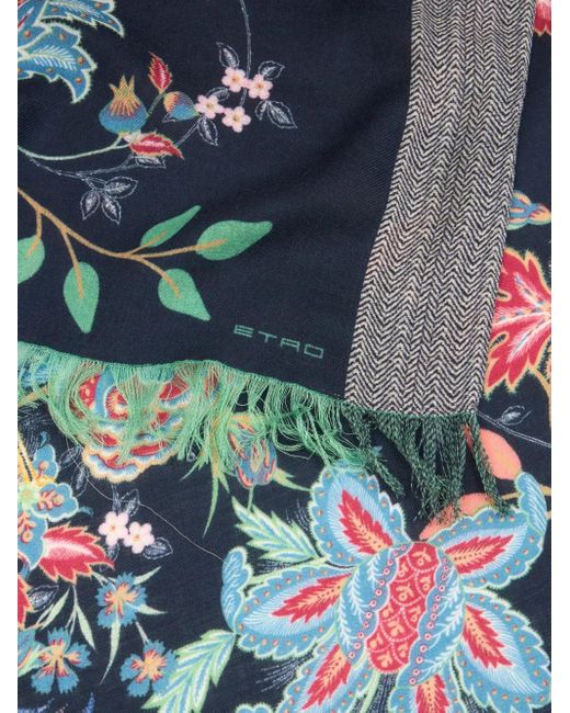 Etro Blue Peacocks-Print Wool Scarf for men