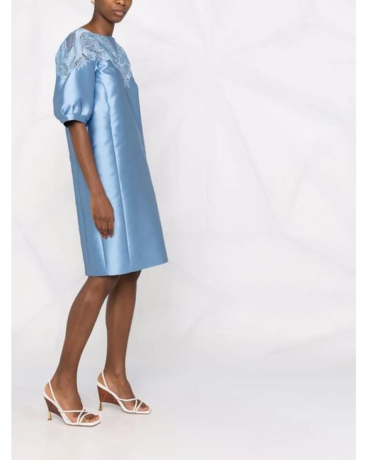 Alberta Ferretti Blue Macramé-Lace Balloon-Sleeve Midi Dress