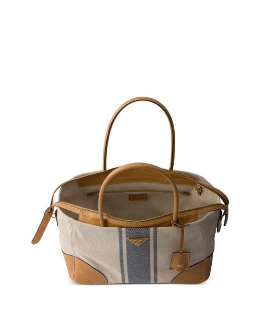 Prada Natural Large Canvas And Leather Tote Bag