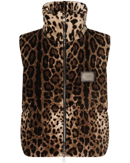 Dolce & Gabbana Brown Sleeveless Leopard-Print Jacket With Logo Tag