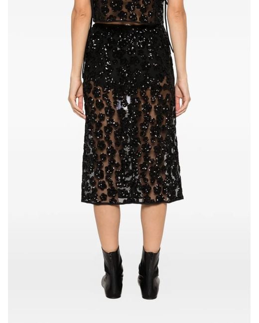 CECILIE BAHNSEN Black Bria Sequin-Embellished Floral-Appliqué Midi Skirt