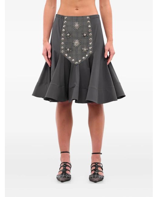 Chopova Lowena Black Tartan-Panelled Ruffled Midi Skirt