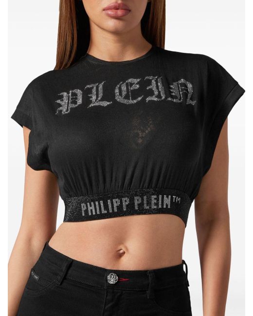 Philipp Plein Black Cropped-T-Shirt mit Kristallen