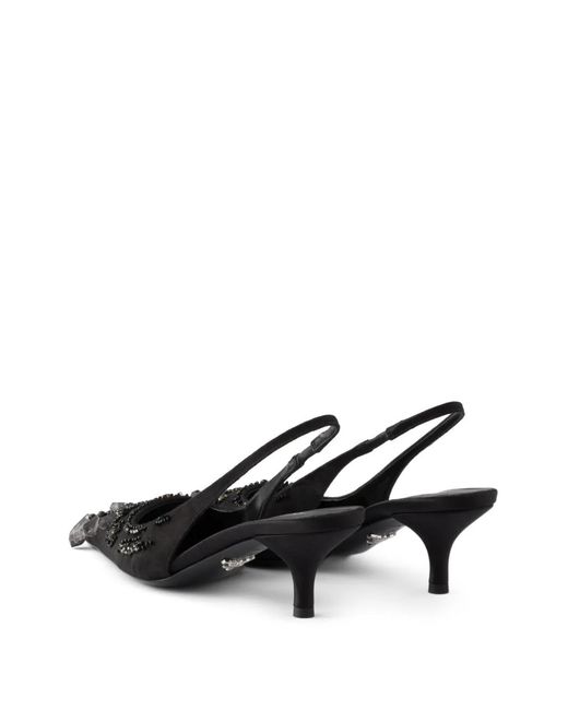 Prada Black Embroidered Satin Slingback Pumps