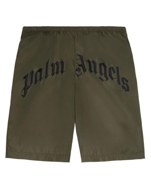 Palm Angels Green Curved-Logo Swim Shorts for men