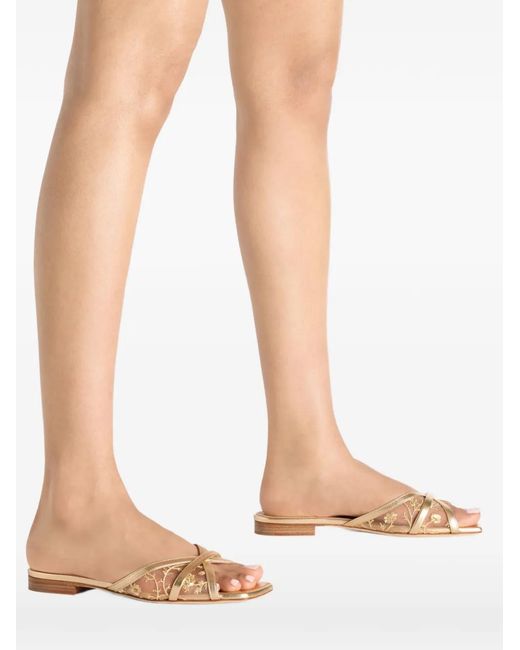 Malone Souliers Natural Perla Flower-Embroidered Flat Sandals