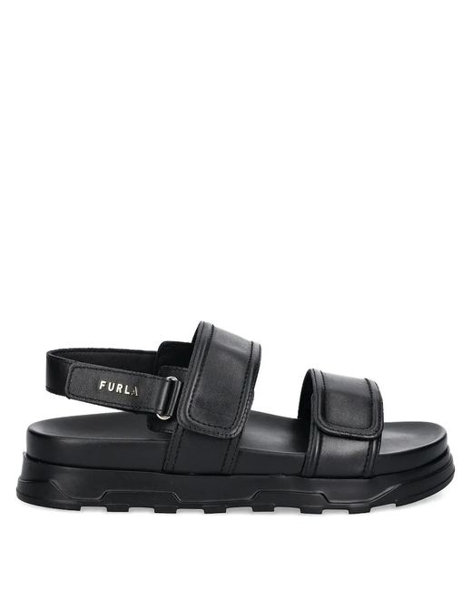 Furla Black Double-Straps Leather Flat Sandals