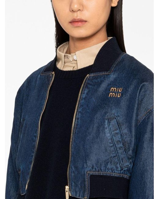 Miu Miu Blue Embroidered-logo Denim Blouson Jacket