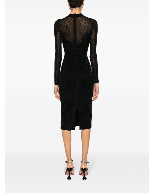 Nissa Black Ruched Patterned-jacquard Midi Dress