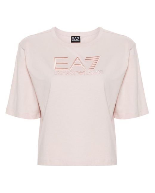 EA7 Pink Logo-embroidered Cotton T-shirt