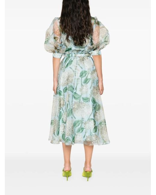 Nissa Green Printed Organza Midi Dress