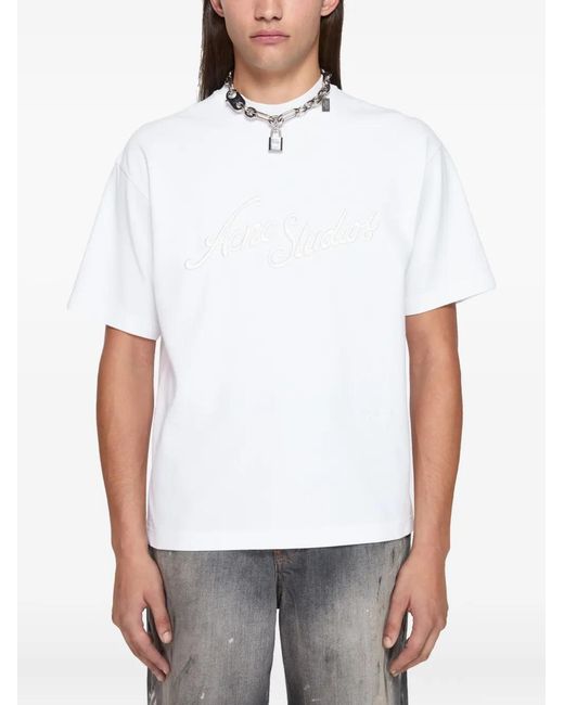 Acne White Logo-Embroidered T-Shirt