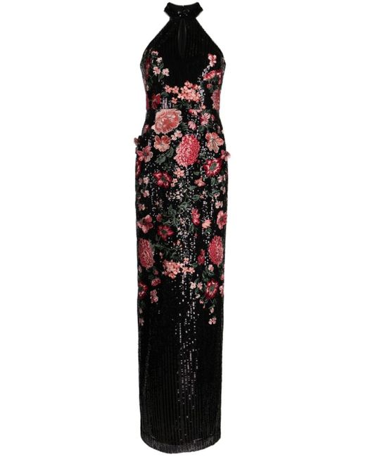 Marchesa Blue Shimmer Floral-embroidered Maxi Dress