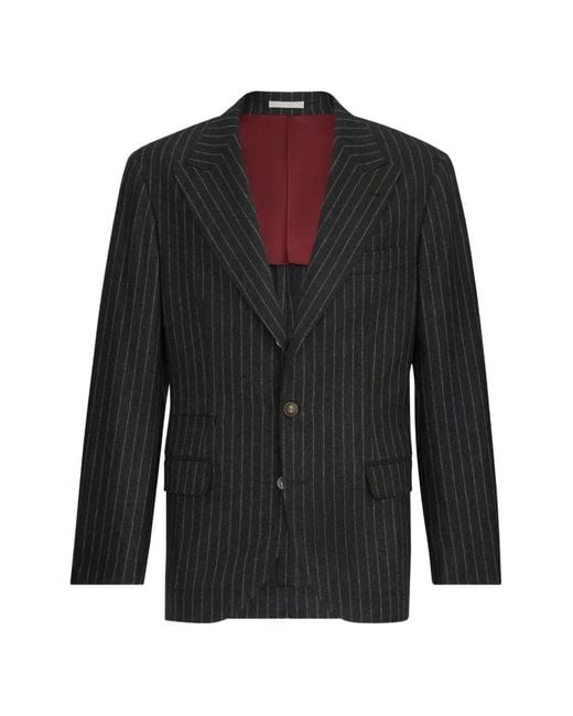 Brunello Cucinelli Black Virgin Wool And Cashmere Chalk Stripe Flannel Deconstructed Blazer With Large Peak Lapels And Metal Buttons for men