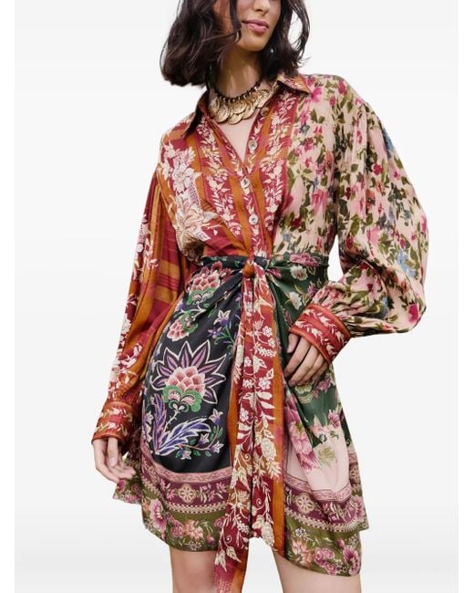 Farm Rio Red Buttoned Floral-Print Mini Dress