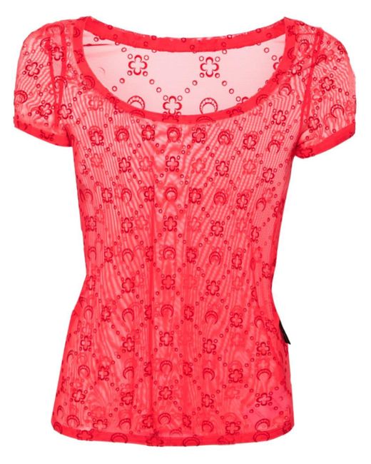 MARINE SERRE Pink Mesh-T-Shirt mit beflocktem Monogramm