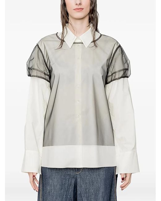 Susanne Bommer Gray Tulle-Overlay Short-Sleeve Blouse