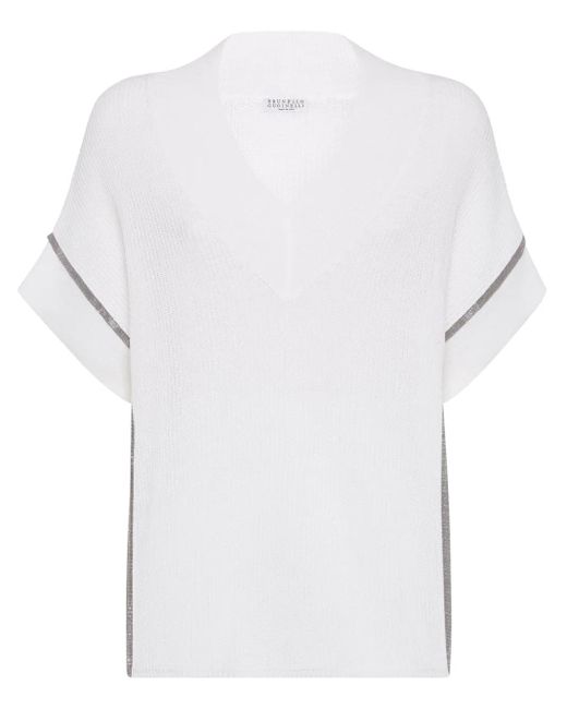 Brunello Cucinelli White Cotton V-Necked Top