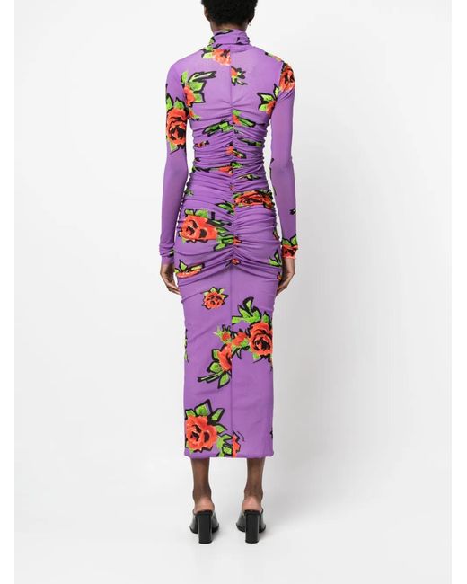 Philosophy Di Lorenzo Serafini Purple Ruched Floral-Print Tulle Dress