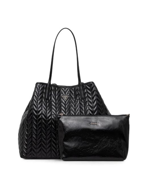 Guess Black Quilted Logo-Plaque Tote Bag