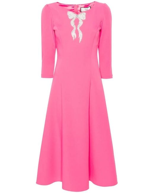 Nissa Pink Rhinestoned Crepe Midi Dress