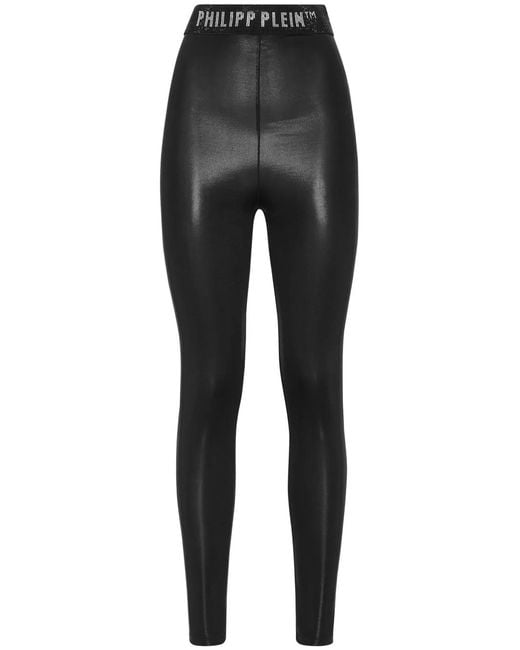 Philipp Plein Black Coated Logo-Waistband Leggings