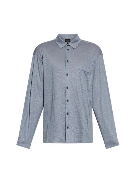 Giorgio Armani Blue Long-Sleeved Linen Shirt for men