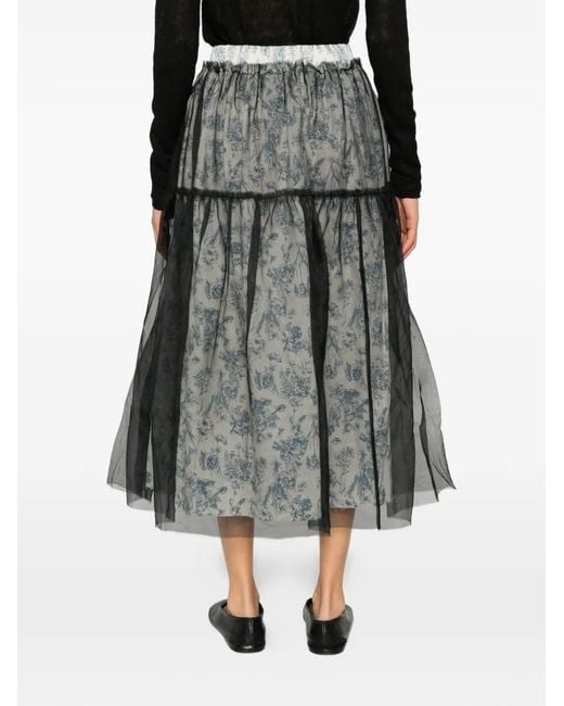 A Tentative Atelier Gray Toile De Jouy Tulle-Overlay Skirt