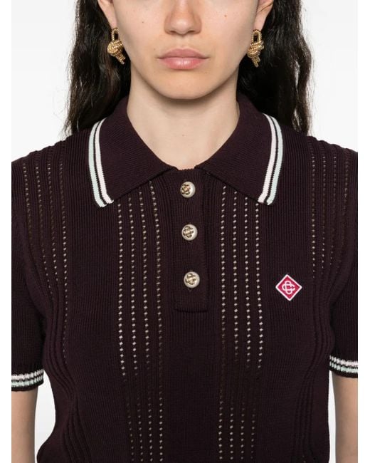 Casablanca Red Short-Sleeved Knit Polo With Vertical Open-Knit Stripes
