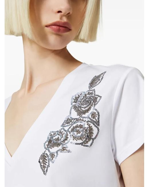 Twinset White Floral-Embroidered V-Neck T-Shirt