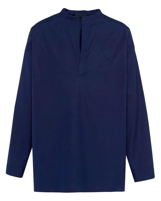 Prada Blue Triangle-Logo Cotton Shirt for men