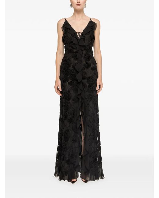 Nissa Black Floral-Embroidered Ruffled Maxi Dress