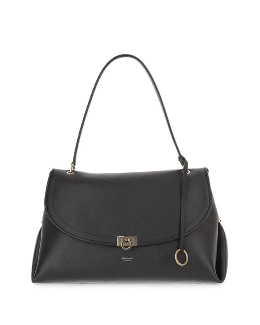 Ferragamo Black Gancini-Clasp Leather Large Shoulder Bag