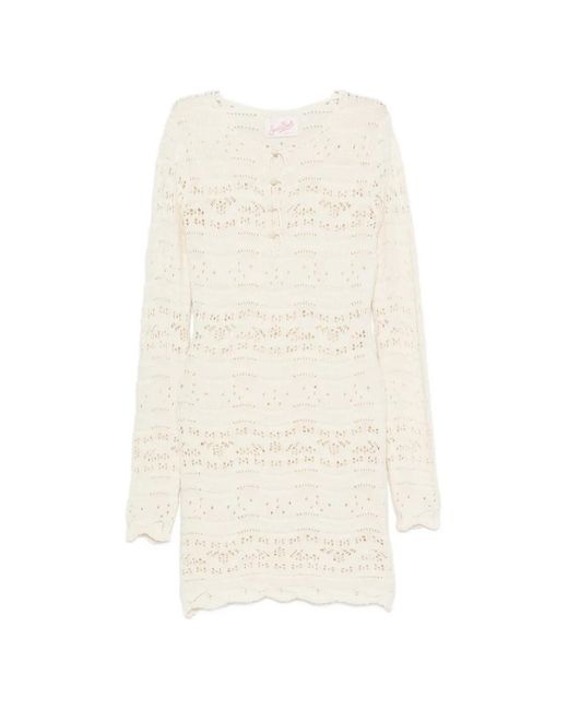 Mc2 Saint Barth White Crochet-Knit Long-Sleeve Dress