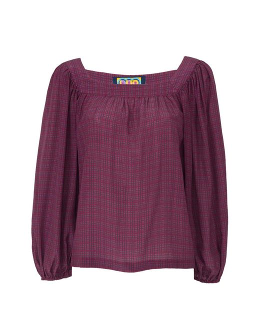 LHD Purple Bird Street Squared-Neck Gathered Blouse