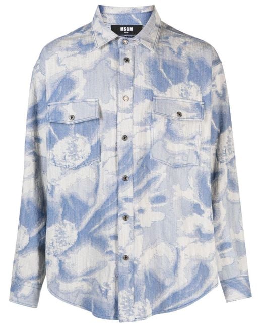 MSGM Blue Patterned-jacquard Denim Shirt for men