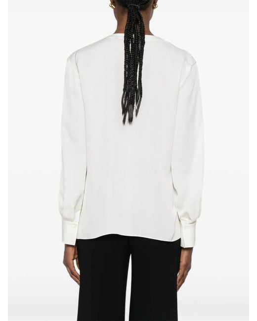 Theory White V-Neck Flared-Cuff Blouse