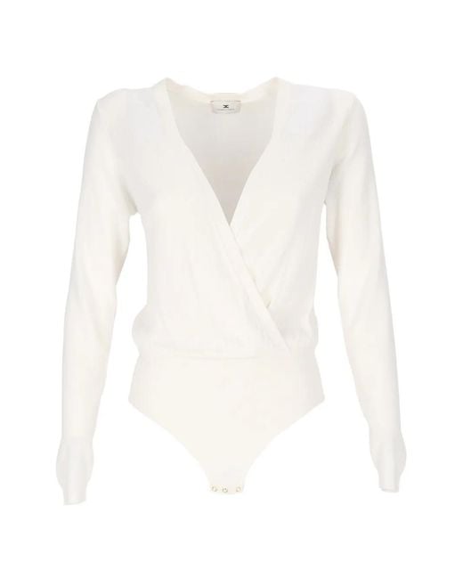 Elisabetta Franchi White Ribbed-Knit Wrap-Style Bodysuit