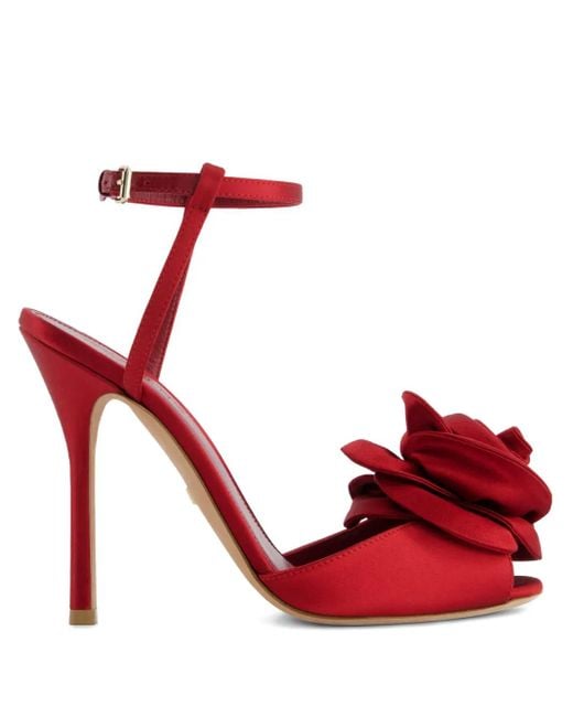 Giambattista Valli Red 110Mm Satin Rose-Embellished Sandals
