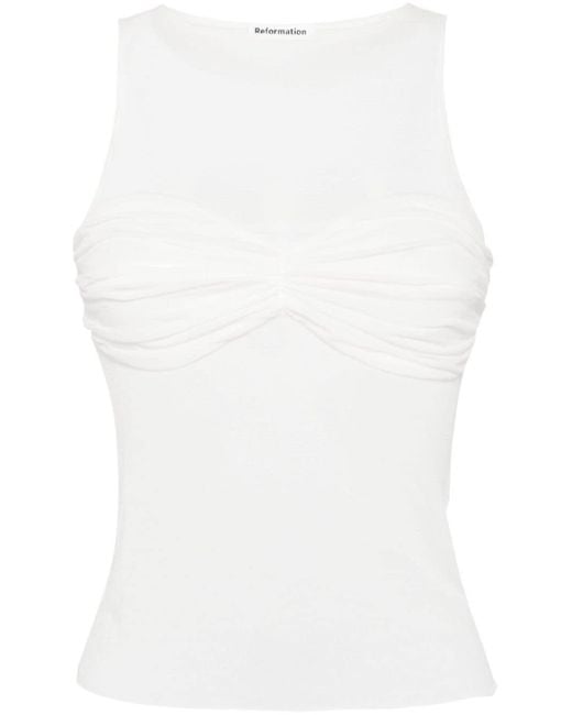 Reformation White Rose Ruched Mesh Top
