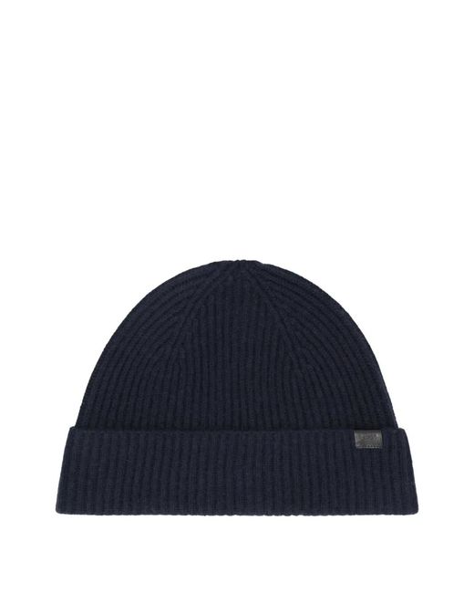 Boss Blue Ribbed Beanie Hat for men