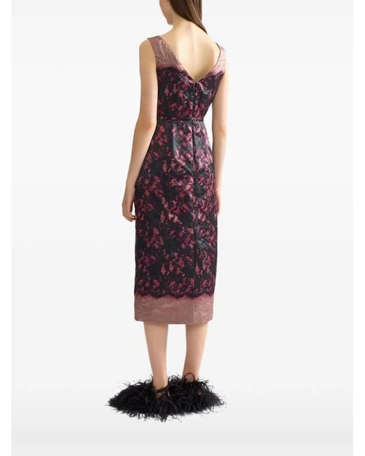Erdem Purple Printed Textured-Satin Midi Dress