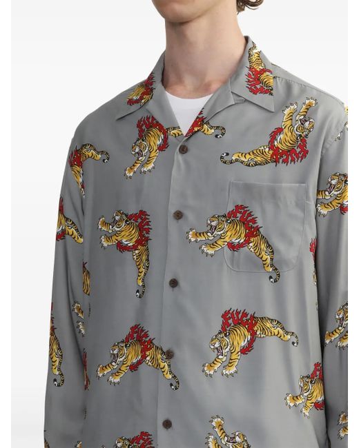 Wacko Maria Gray X Tim Lehi Tiger-Print Shirt for men